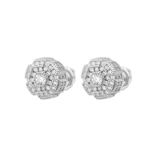 Elegant sterling silver moissanite stud earrings featuring a floral design with sparkling stones