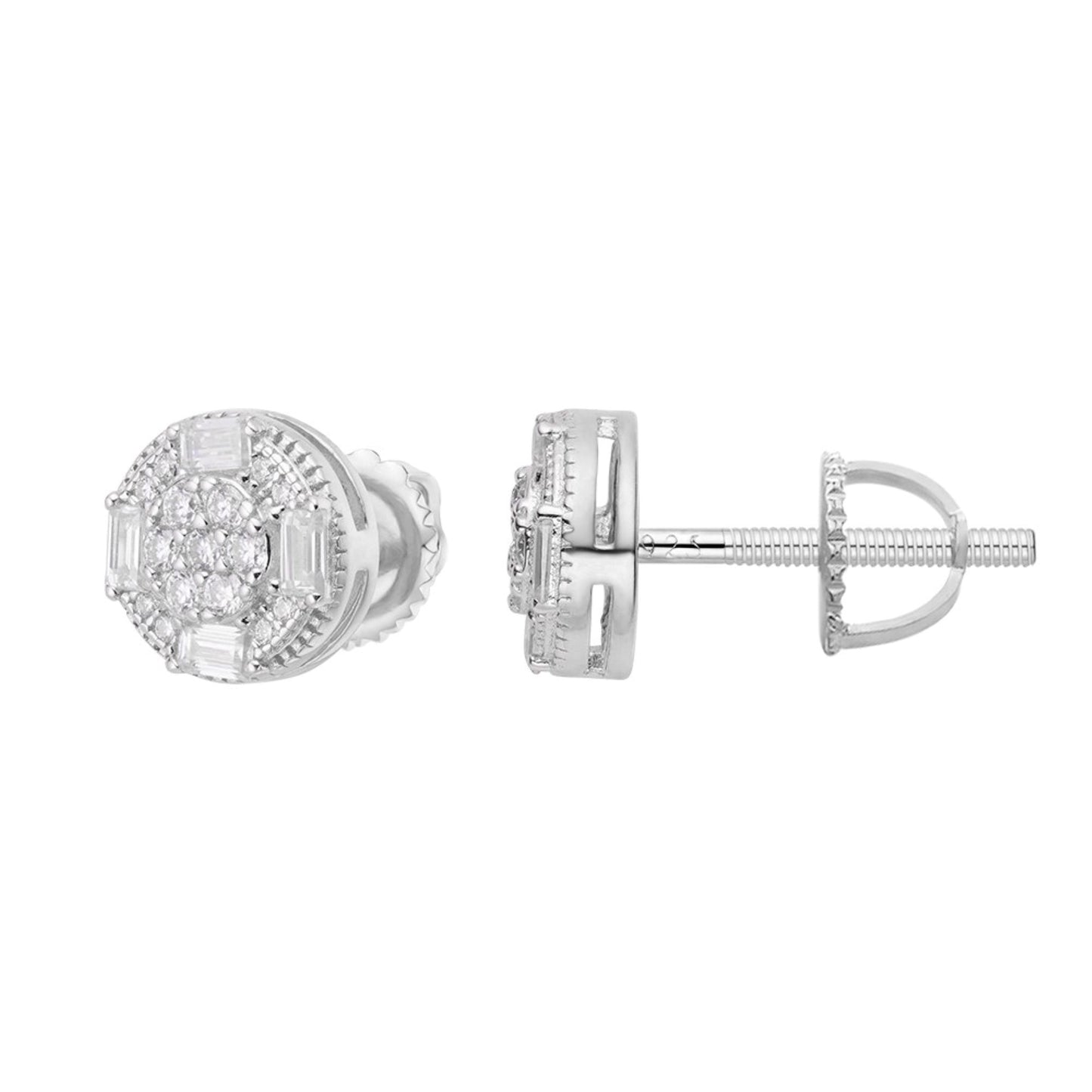 Sterling Silver Round Baguette Moissanite Designer Stud Earrings Rhodium Plated 5/8 CT