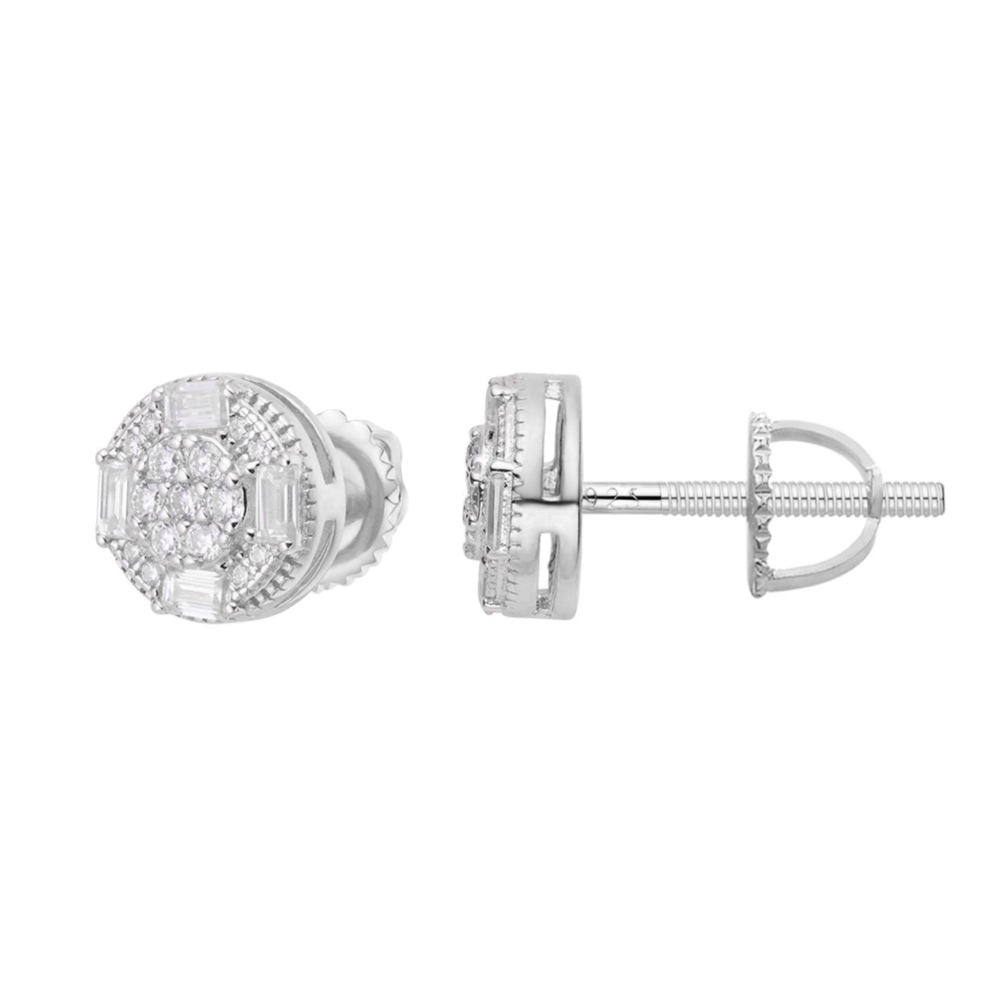 Sterling Silver Round Baguette Moissanite Designer Stud Earrings Rhodium Plated 5/8 CT