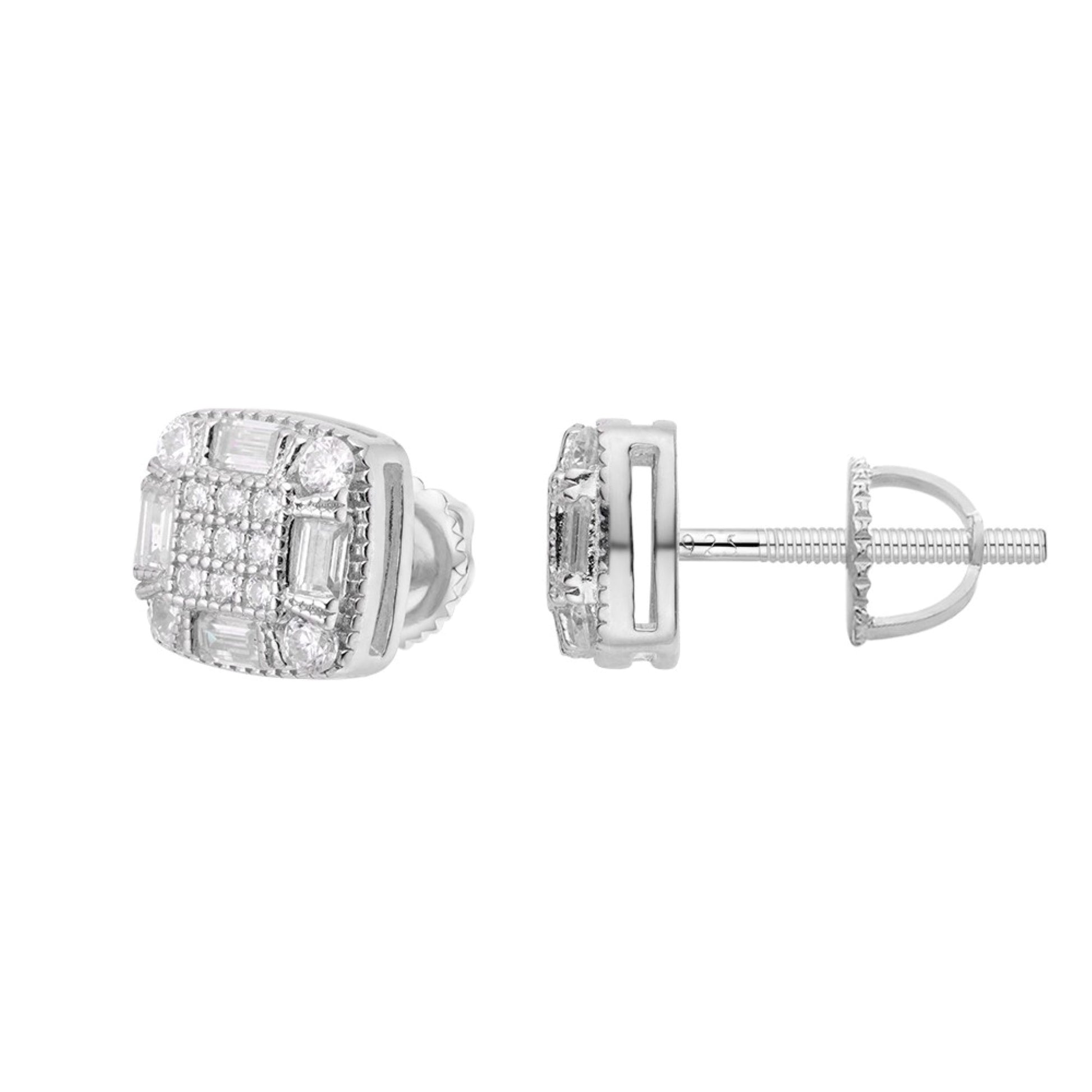 Sterling Silver Round Baguette Moissanite Square Shape Stud Earrings Rhodium Plated 3/4 CT