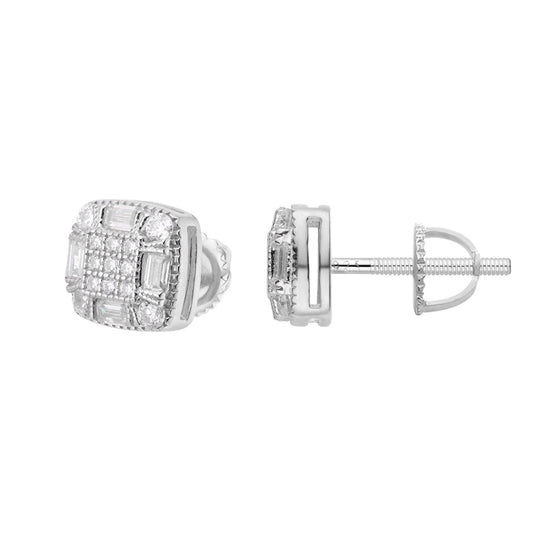 Sterling Silver Round Baguette Moissanite Square Shape Stud Earrings Rhodium Plated 3/4 CT