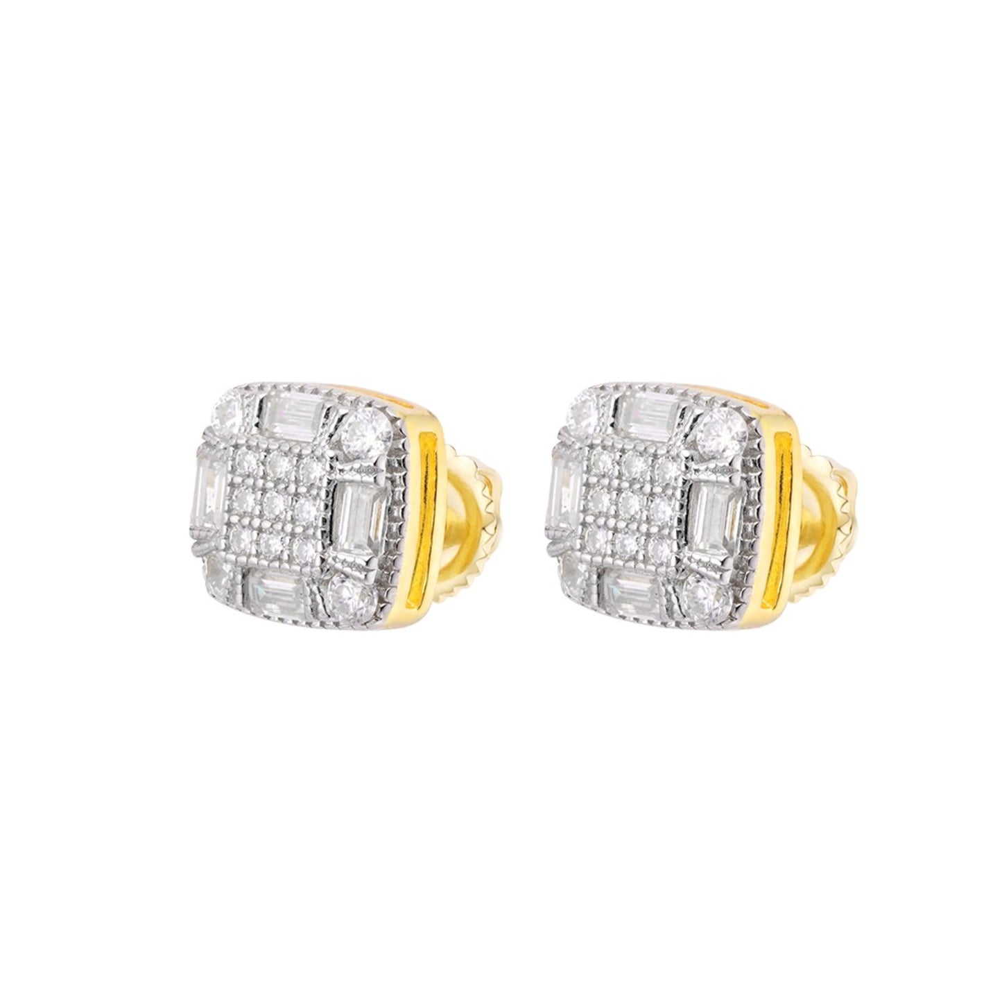 S.Silver Round Baguette Moissanite Square Shape Designer Stud Earrings RP+GP 3/4 Cttw