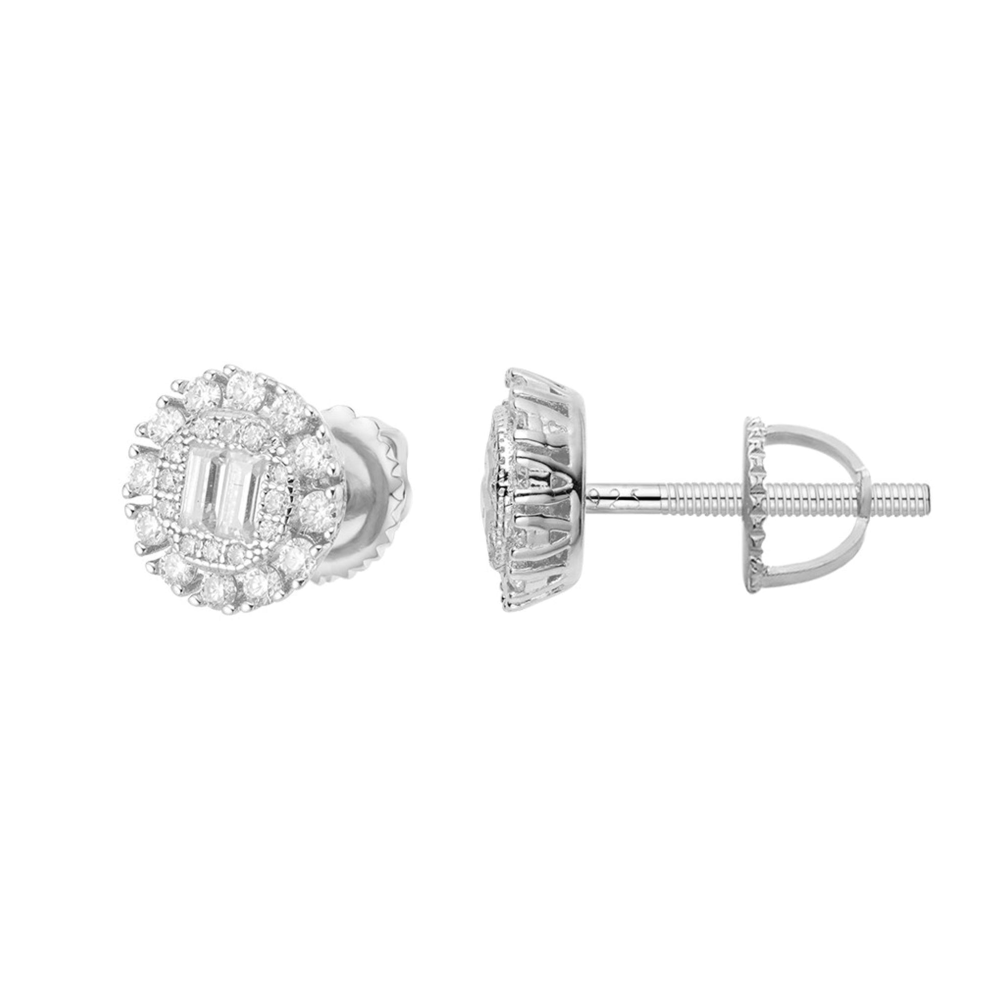 Sterling Silver Round Baguette Moissanite Designer Stud Earrings Rhodium Plated 5/8 CT