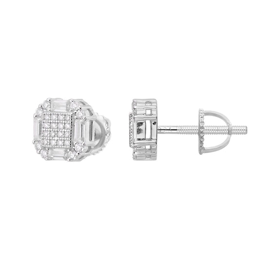 Sterling Silver Round Baguette Moissanite Designer Stud Earrings Rhodium Plated 7/8 CT