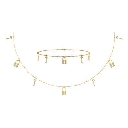 14K yellow gold lock and key jewelry set featuring a necklace and bracelet with charm designs