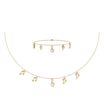 14K yellow gold music note jewelry set featuring a necklace and bracelet with musical designs