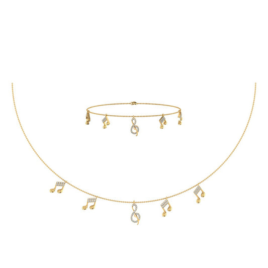 14K Yellow Gold Music Note Necklace Bracelet Set 1/3 Cttw
