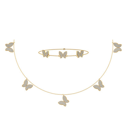 14K Yellow Gold Butterfly Necklace Bracelet Set 1-7/8 Cttw
