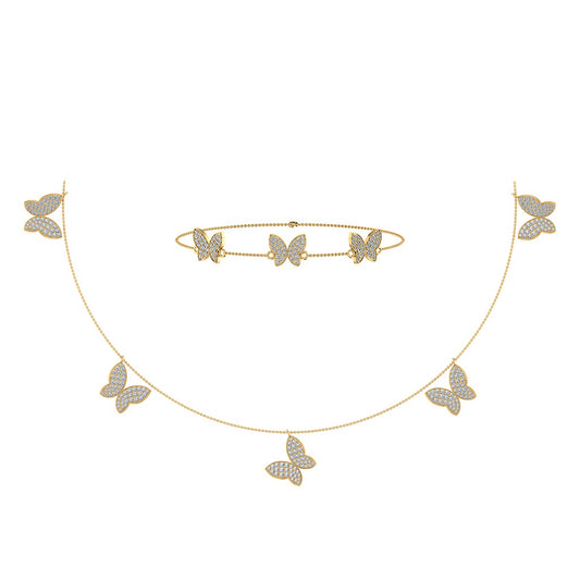 14K Yellow Gold Butterfly Necklace Bracelet Set 1-7/8 Cttw