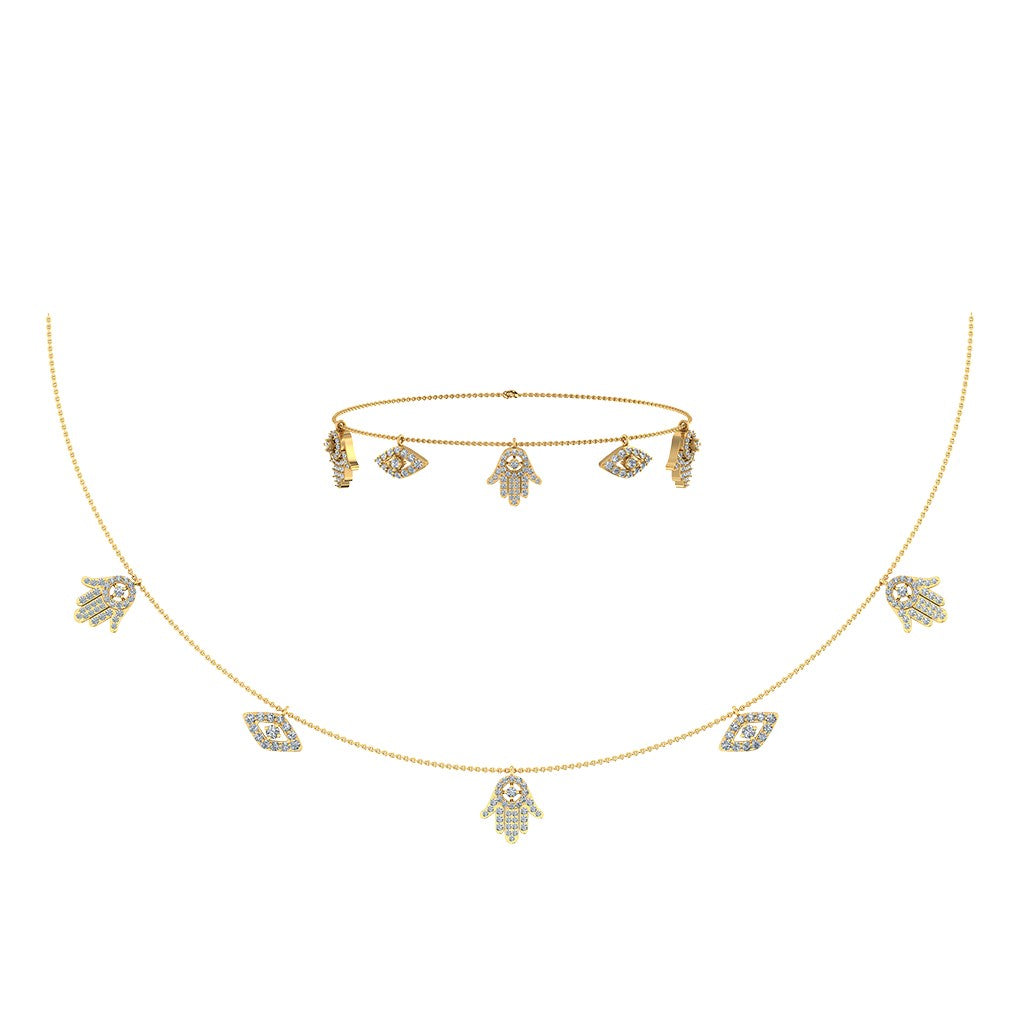 14K Yellow Gold Hamsa Hand Evil Eye Necklace Bracelet Set 1-1/4 Cttw