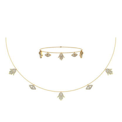 14K Yellow Gold Hamsa Hand Evil Eye Necklace Bracelet Set 1-1/4 Cttw