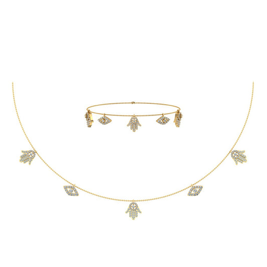 14K Yellow Gold Hamsa Hand Evil Eye Necklace Bracelet Set 1-1/4 Cttw
