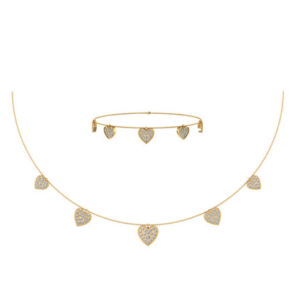 14K yellow gold heart necklace bracelet set featuring sparkling heart-shaped charms for elegant styling