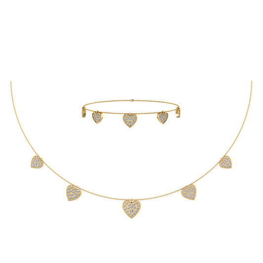 14K Yellow Gold Heart Necklace Bracelet Set 1-3/4 Cttw