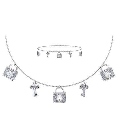 14k white gold lock and key jewelry set featuring a necklace and bracelet with elegant charm details