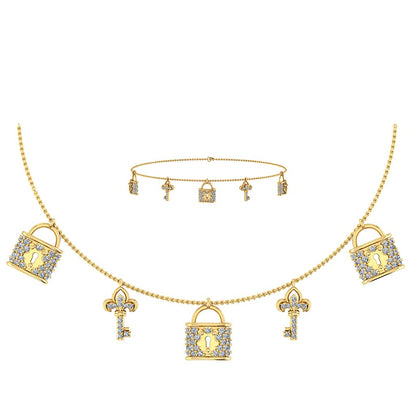 14K gold lock and key jewelry set featuring a necklace and bracelet with sparkling charms