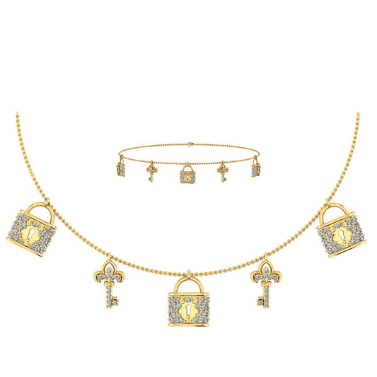 14K Yellow Gold Lock & Key Necklace Bracelet Set 5/8 Cttw