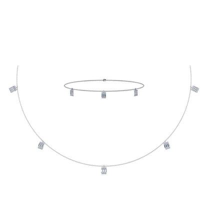 Elegant 14K white gold baguette necklace bracelet set featuring sparkling accents