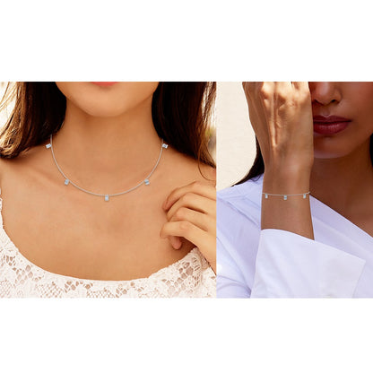 Elegant 14K white gold baguette necklace bracelet set showcased on models for a luxurious look