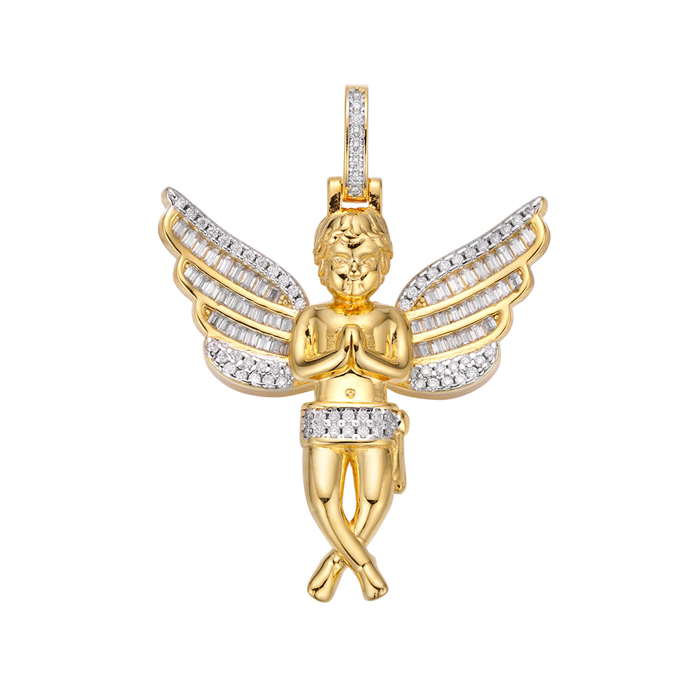 Sterling Silver Moissanite Angel Wings Religious Pendant 1-1/2 CT Rhodium Plated & Gold Plated