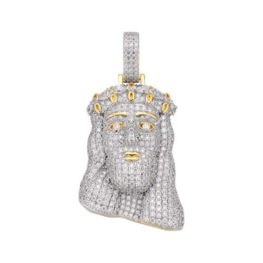Sterling Silver Moissanite Jesus Face Religious Pendant Rhodium Plated & Gold Plated 3-1/3 CT