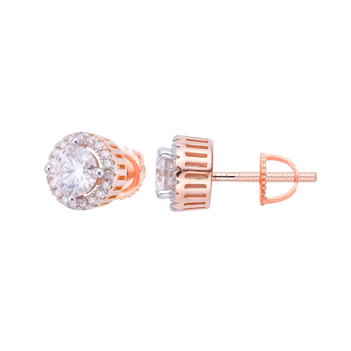 Sterling Silver Round Moissanite Designer Stud Earrings Rhodium Plated Rose Gold Plated 1-1/4 CT