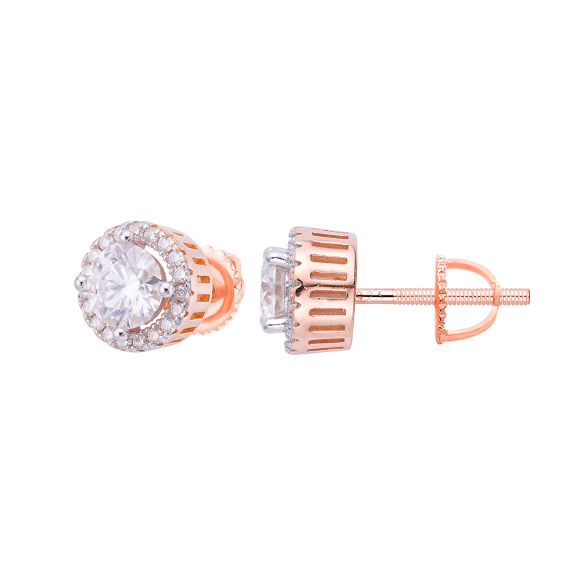 Sterling Silver Round Moissanite Designer Stud Earrings Rhodium Plated Rose Gold Plated 1-1/4 CT