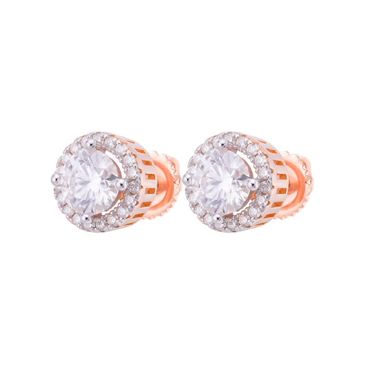 Royal Jewelry and Watches moissanite stud earrings with halo design and rose gold finish