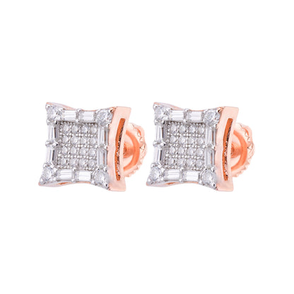 Elegant sterling silver moissanite stud earrings with a unique square design and rose gold accents