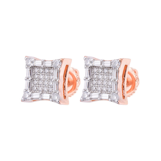 Elegant sterling silver moissanite stud earrings with a unique square design and rose gold accents