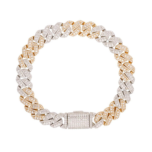 Sterling Silver Round Big Stone in Center Surrounded with Small Stones 10mm Moissanite Cuban Chain 8 Inch Bracelet Rhodium Plated & Gold Plated 6-7/8 CT