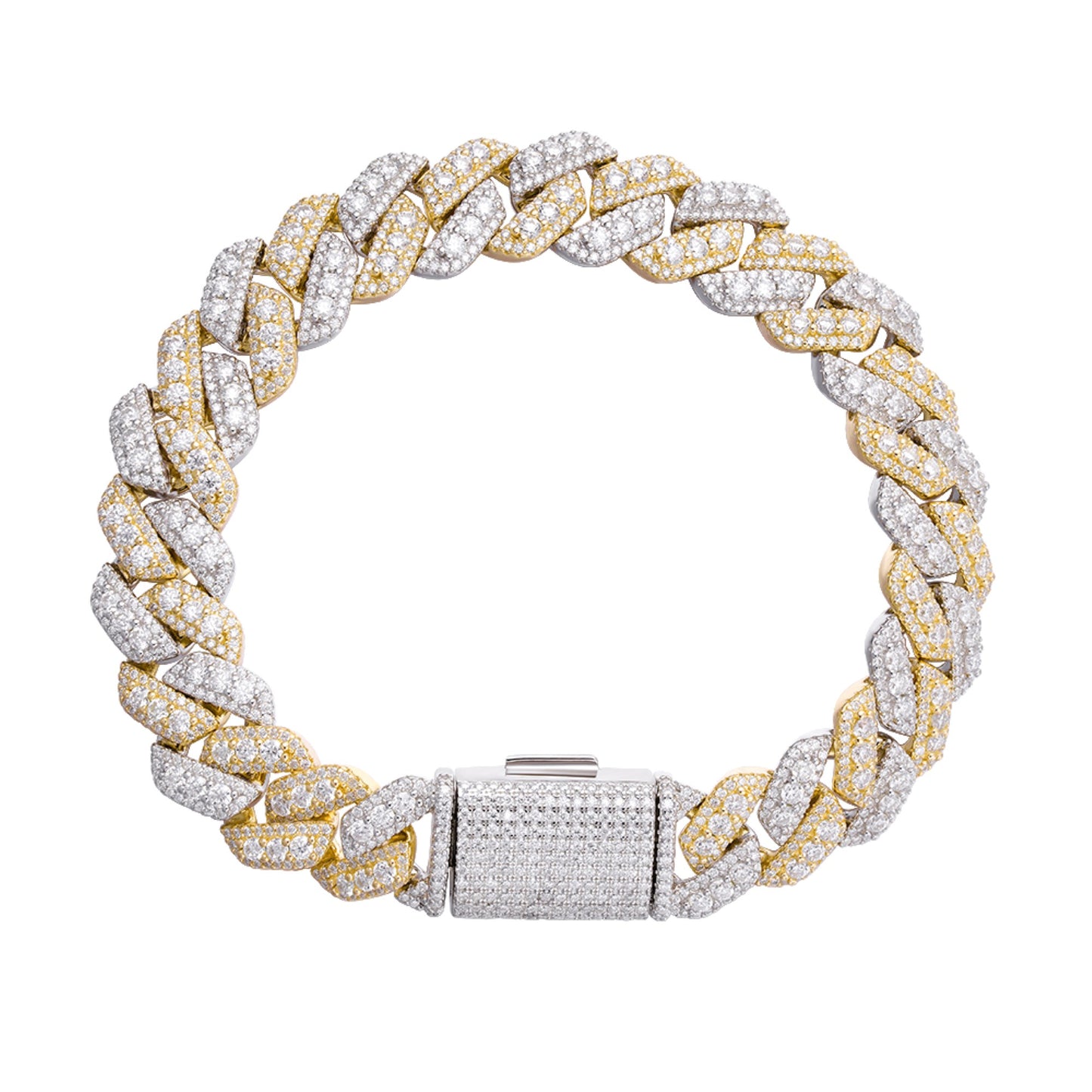 Sterling Silver Round Big Stone in Center Surrounded with Small Stones 12mm Moissanite Cuban Chain 8Inch Bracelet RP+GP 10-7/8 Cttw