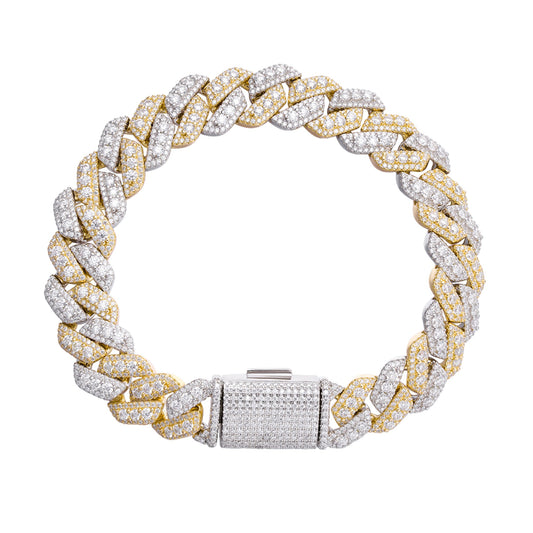 Sterling Silver Round Big Stone in Center Surrounded with Small Stones 12mm Moissanite Cuban Chain 8Inch Bracelet RP+GP 10-7/8 Cttw