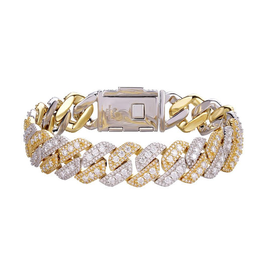 Sterling Silver Round Big Stone in Center Surrounded with Small Stones 14mm Moissanite Cuban Chain 8.5 Inch Bracelet RP+GP 12-3/4 Cttw