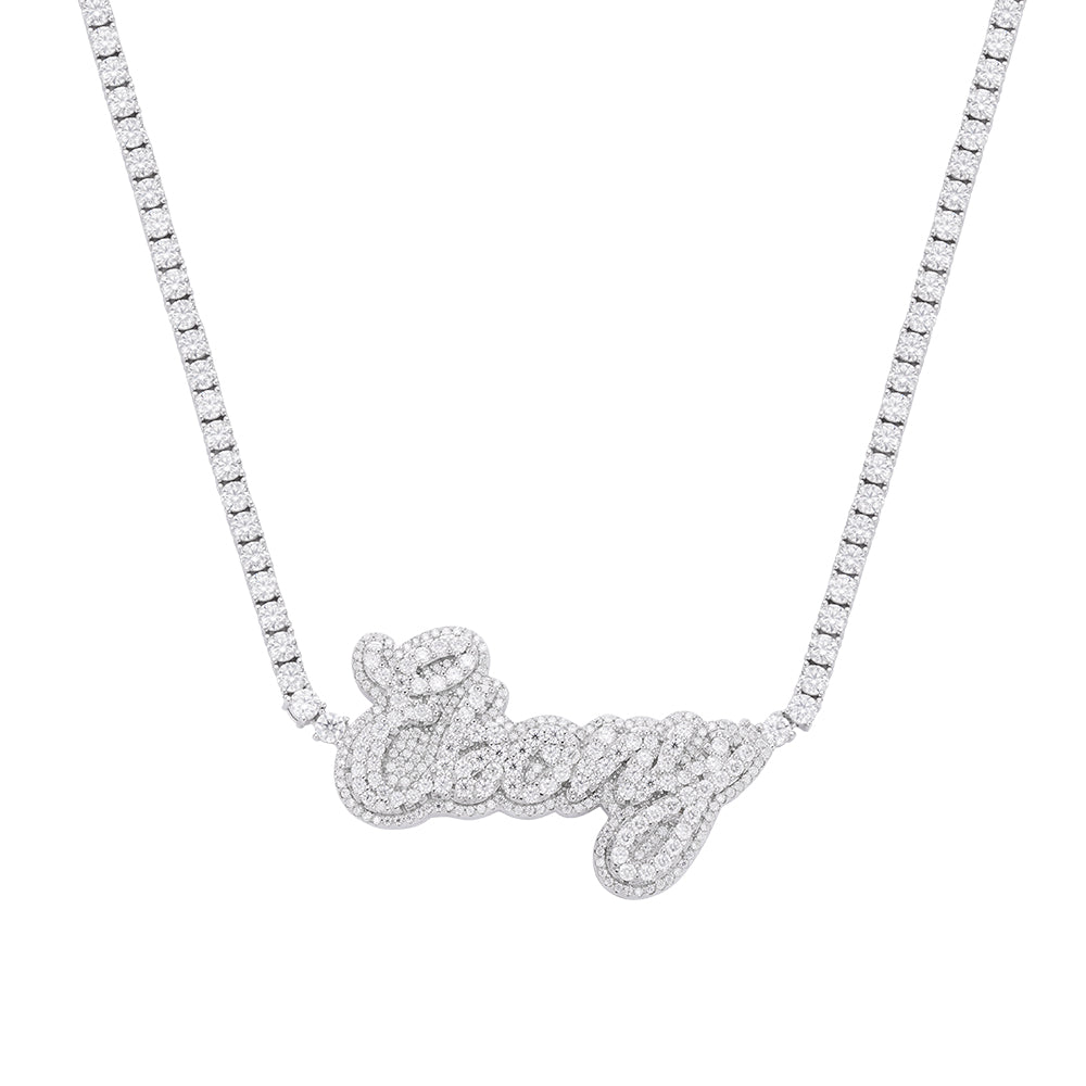 Sterling Silver Round Moissanite Ebony Word Designer 18 Inch Necklace Rhodium Plated 16-1/8 CT