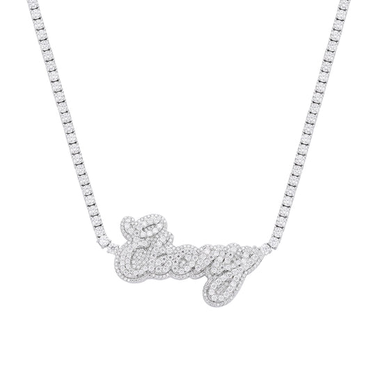 Sterling Silver Round Moissanite Ebony Word Designer 18 Inch Necklace Rhodium Plated 16-1/8 CT