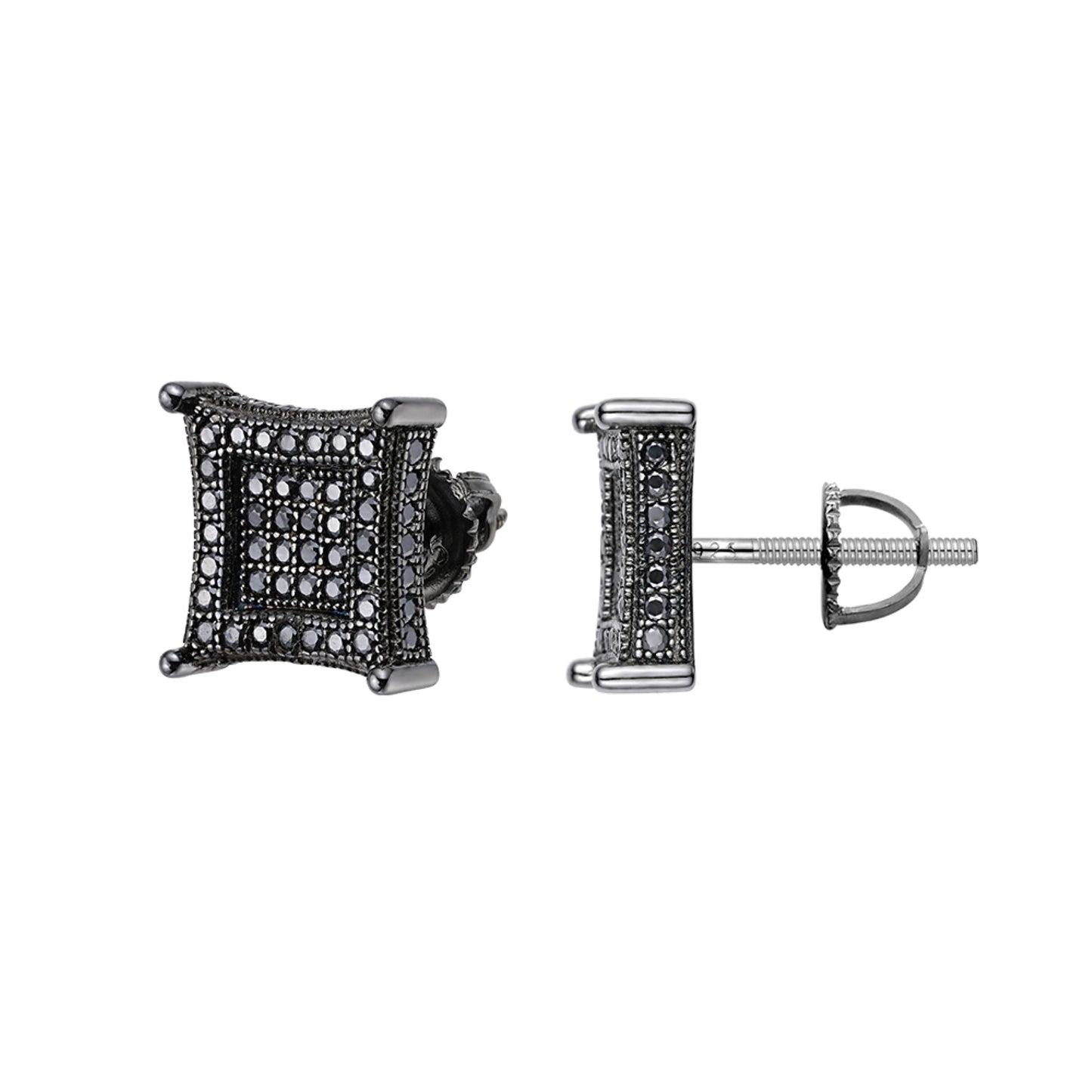 S.Silver Round Black Moissanite Square Shape Stud Earrings BP+BP 7/8 Cttw