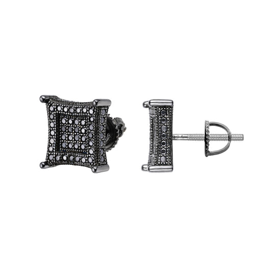 S.Silver Round Black Moissanite Square Shape Stud Earrings BP+BP 7/8 Cttw