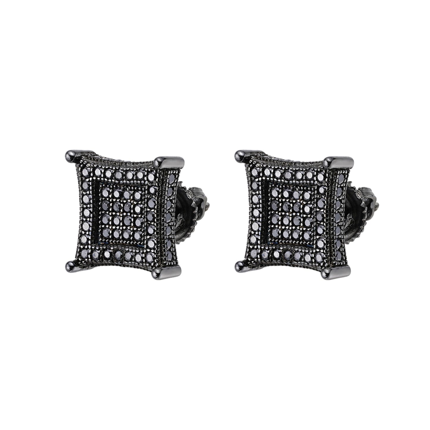 S.Silver Round Black Moissanite Square Shape Stud Earrings BP+BP 7/8 Cttw