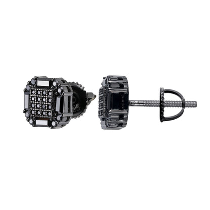 Elegant black moissanite stud earrings featuring a unique geometric design and secure backing.