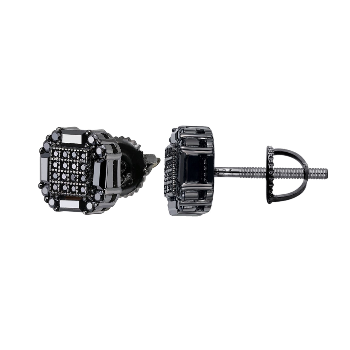Sterling Silver Round Baguette Black Moissanite Square Shape Stud Earrings BP+BP 7/8 Cttw
