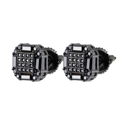 Black moissanite stud earrings with unique square design and intricate detailing for elegant style