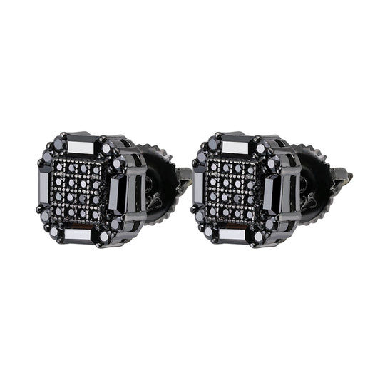 Black moissanite stud earrings with unique square design and intricate detailing for elegant style