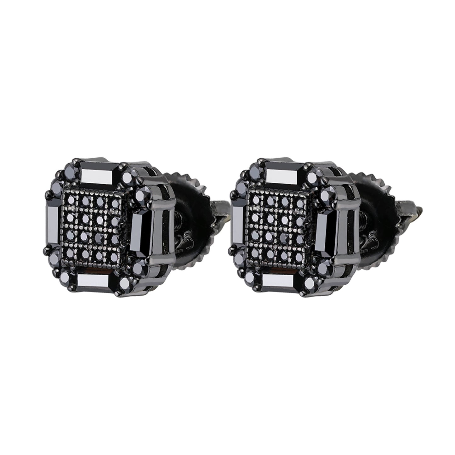 Sterling Silver Round Baguette Black Moissanite Square Shape Stud Earrings BP+BP 7/8 Cttw