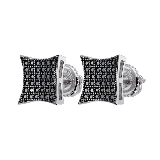 Elegant black moissanite stud earrings with a unique square design and silver settings