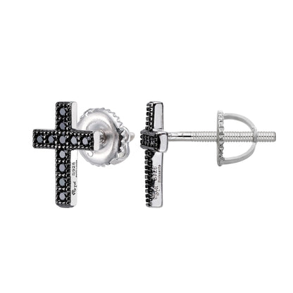 S.Silver Round Black Moissanite Cross Religious Stud Earrings BP+RP 1/5 Cttw