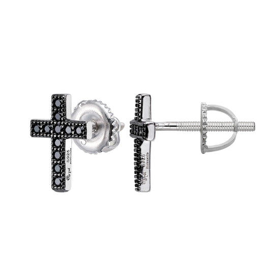 Sterling Silver Round Black Moissanite Cross Religious Stud Earrings BP Rhodium Plated 1/5 CT