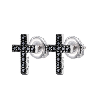 S.Silver Round Black Moissanite Cross Religious Stud Earrings BP+RP 1/5 Cttw