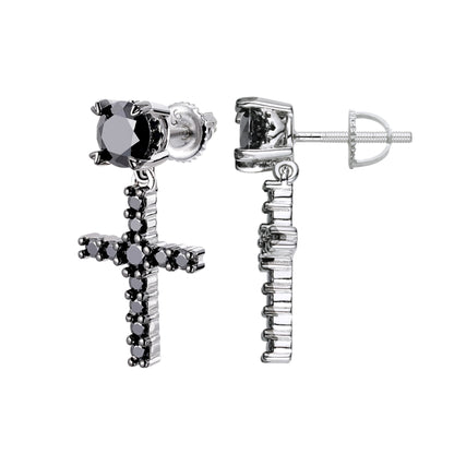 S.Silver Round Black Moissanite Cross Religious Stud Earrings BP+RP 7/8 Cttw