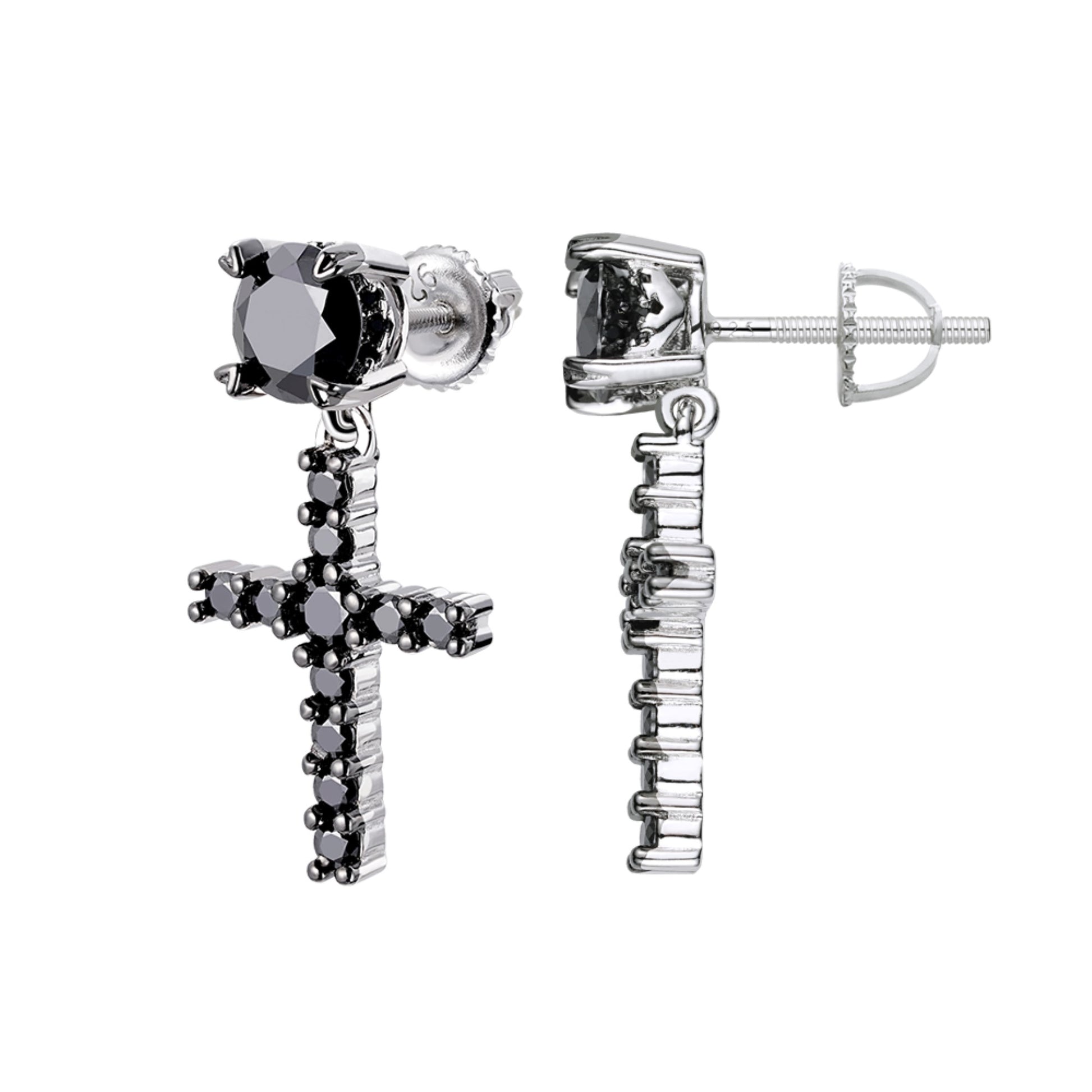 Sterling Silver Round Black Moissanite Cross Religious Stud Earrings BP Rhodium Plated 7/8 CT